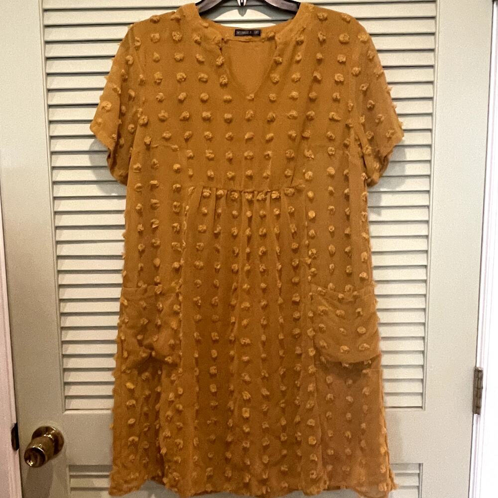 Mustard Swiss Dot Babydoll Dress Knee Length MED Boho Fairy